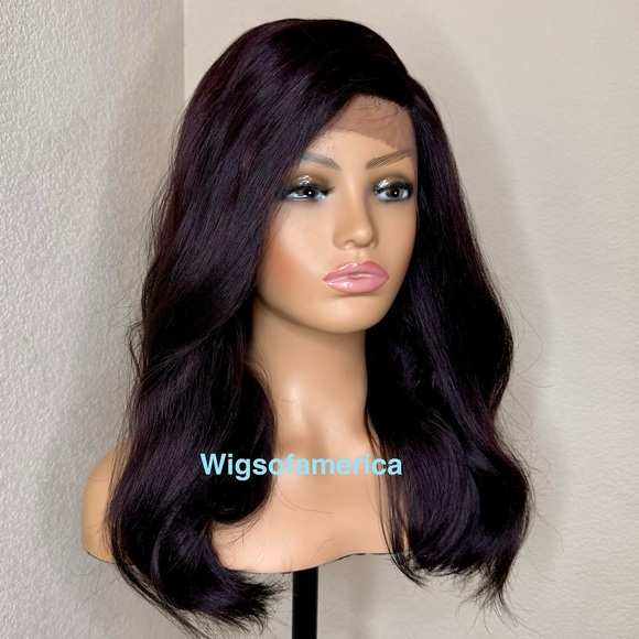 Burgundy wig  medium length lace front side part wavy layered 16 inch  Heat ok main image 7
